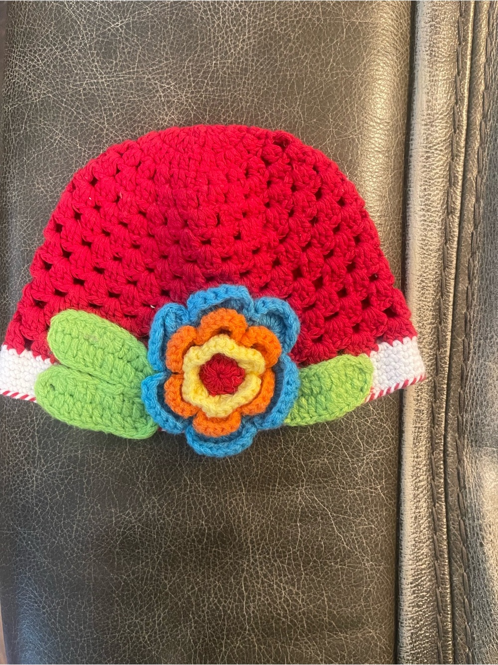 Crocheted Kids Flower Beanie Hat - Red with Multicolor Flower